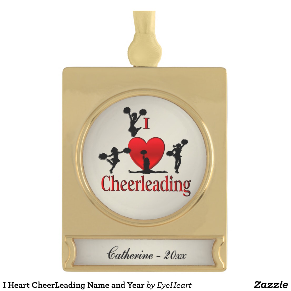 I Heart CheerLeading Name and Year Gold Plated Banner Ornament