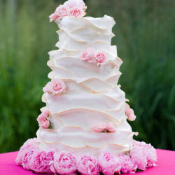 Pink wedding cake from leatherwooddesign.com. Theme wedding ideas and weddings by color scheme