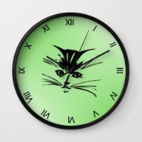 Wall Clock featuring Green Cat Face by Leatherwood Design