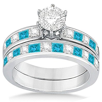 White and Blue Diamond Engagement Ring and Wedding Band Princess Cut ...