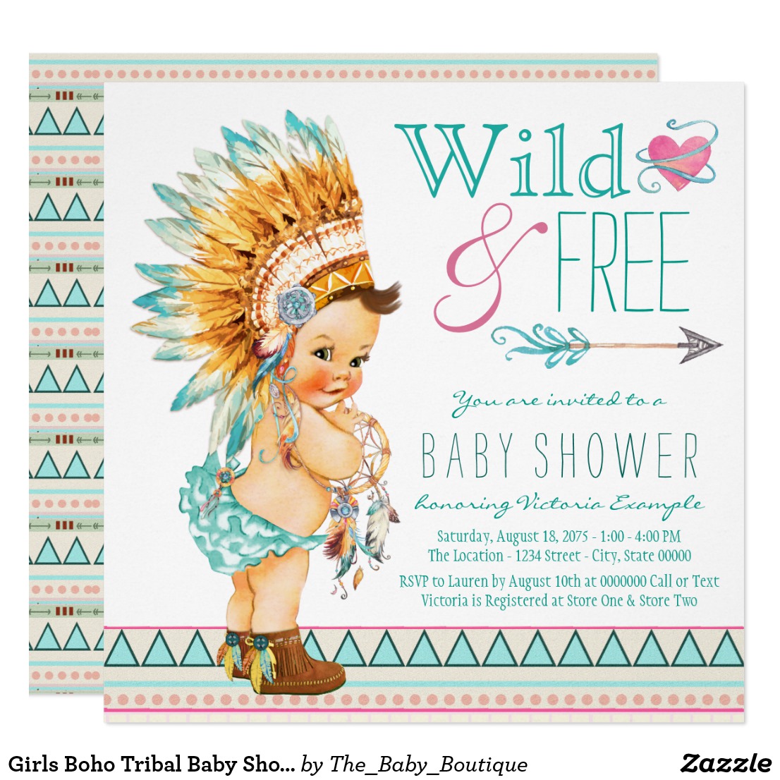 Girls Boho Tribal Baby Shower Card