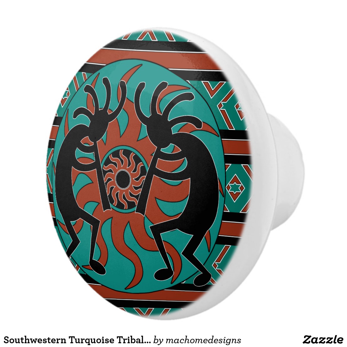 Southwestern Turquoise Tribal Sun Kokopelli Ceramic Knob