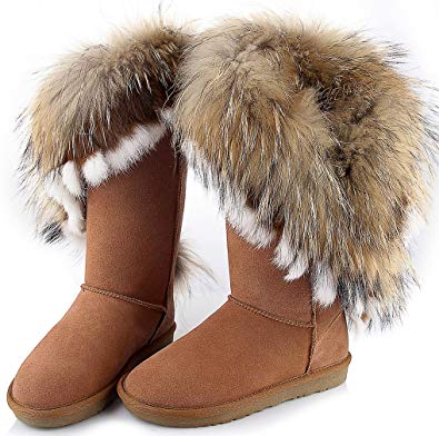 APHNUS Womens Mid Calf Boots Cow Leather Fur Snow Boots Brown ~ Awesome ...