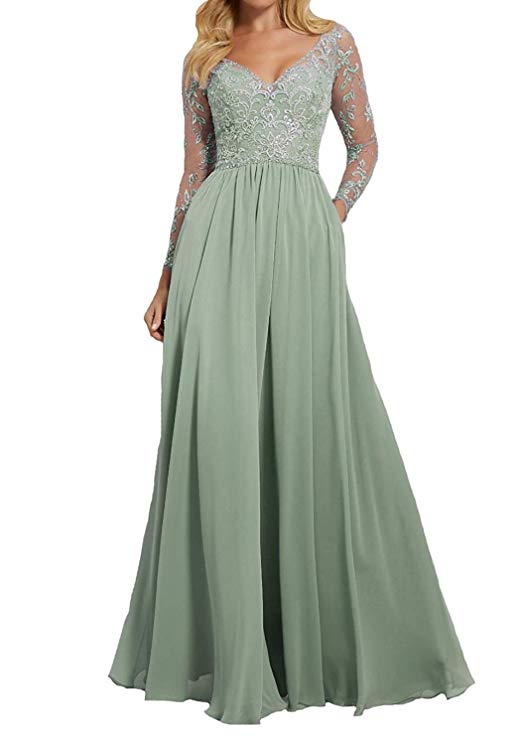 Light Sage Long Lace Bridesmaid Gowns 2019 Long Sleeves Wedding Formal ...