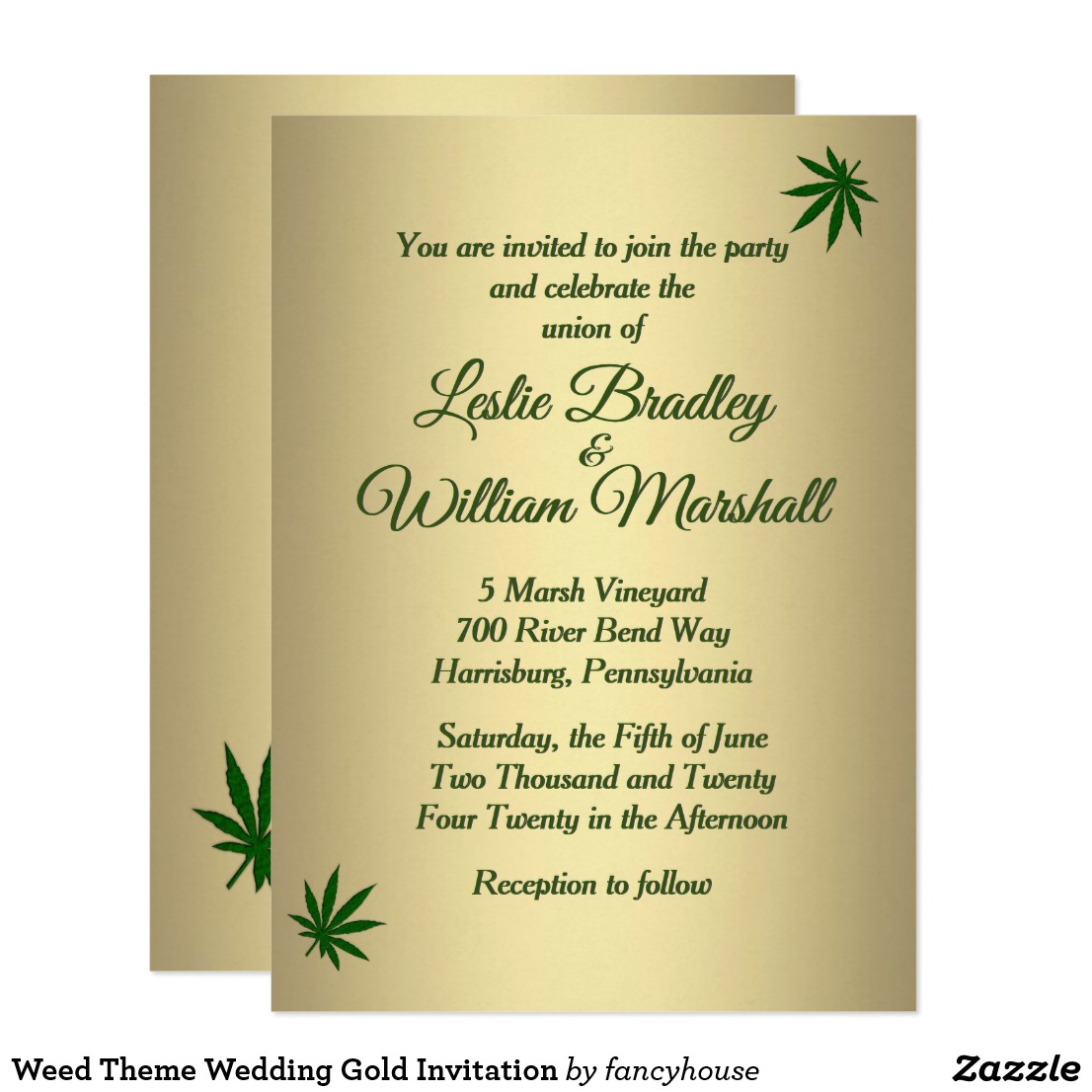 Weed Theme Wedding Gold Invitation