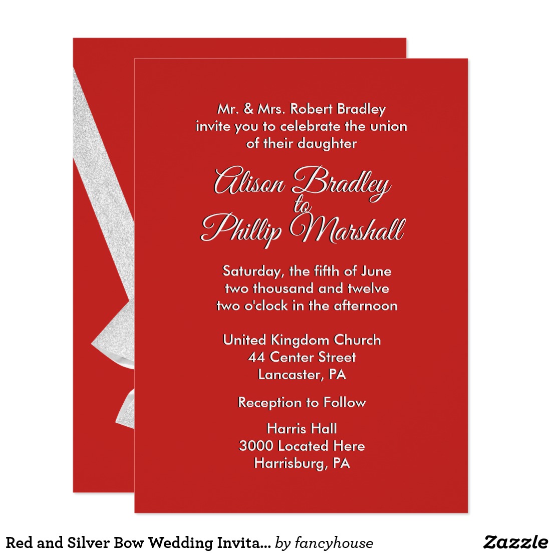 Red and Silver Bow Wedding Invitation