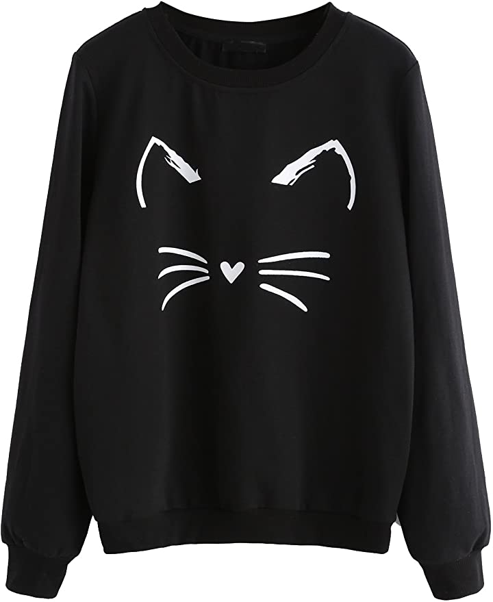 Women's Cat Print Lightweight Sweatshirt Long Sleeve Casual Pullover ...